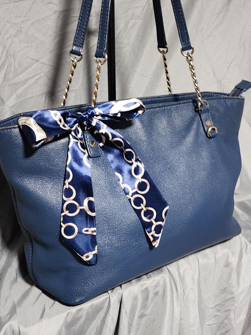Michael Kors Blue Leather Shoulderbag Purse W/ Half Chain Double Straps
